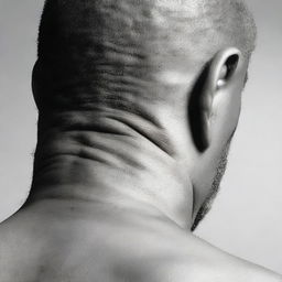 Detailed view of a large man's face, back of head visible