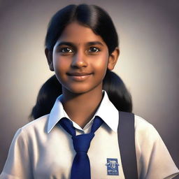 This is a high-quality, realistic digital art of a confident and mature Indian schoolgirl with fair skin