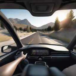 An immersive view from the driver's perspective showing open road ahead, focusing on the car dashboard, steering wheel, and the road beyond.