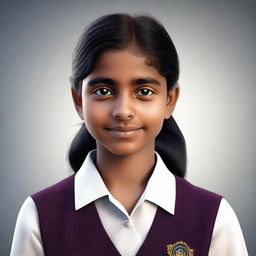 This is a high-quality, realistic digital art of a confident and mature Indian schoolgirl with fair skin