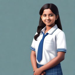 This is a high-quality, realistic digital art of a confident and mature Indian schoolgirl with fair skin