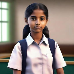 This is a high-quality, realistic digital art of a confident and mature Indian schoolgirl with fair skin