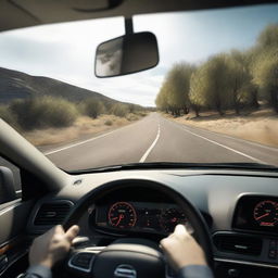 An immersive view from the driver's perspective showing open road ahead, focusing on the car dashboard, steering wheel, and the road beyond.