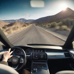 An immersive view from the driver's perspective showing open road ahead, focusing on the car dashboard, steering wheel, and the road beyond.