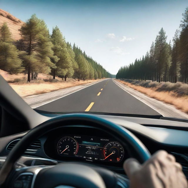 An immersive view from the driver's perspective showing open road ahead, focusing on the car dashboard, steering wheel, and the road beyond.