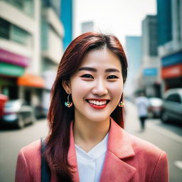 A vibrant portrait of a young South Korean woman with lively eyes and a bright smile, fashionably attired, set against the contemporary cityscape of Seoul.