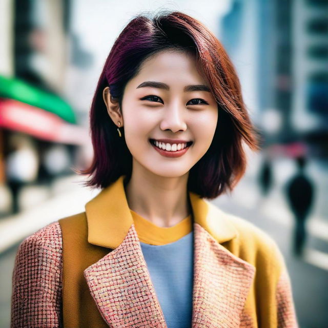 A vibrant portrait of a young South Korean woman with lively eyes and a bright smile, fashionably attired, set against the contemporary cityscape of Seoul.