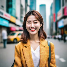 A vibrant portrait of a young South Korean woman with lively eyes and a bright smile, fashionably attired, set against the contemporary cityscape of Seoul.