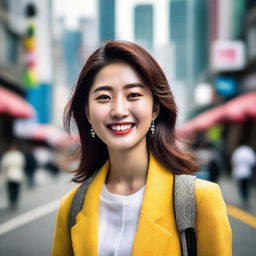 A vibrant portrait of a young South Korean woman with lively eyes and a bright smile, fashionably attired, set against the contemporary cityscape of Seoul.