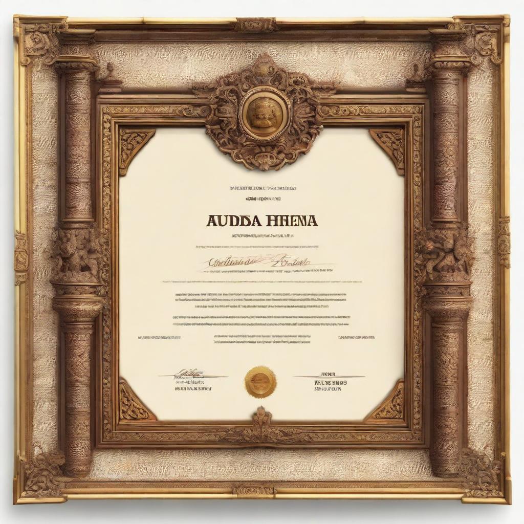 A realistic certificate in a 16:9 ratio format, with an ornate frame featuring a detailed depiction of a Balinese split gate