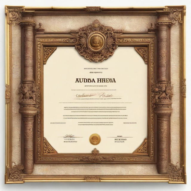 A realistic certificate in a 16:9 ratio format, with an ornate frame featuring a detailed depiction of a Balinese split gate