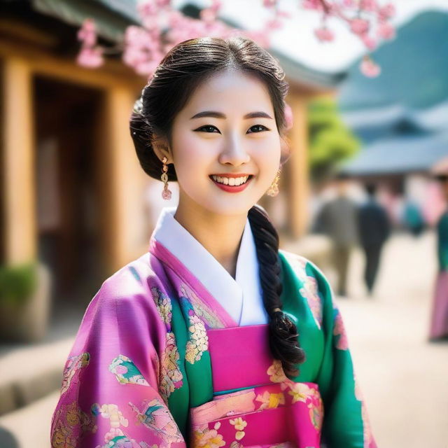 A colorful portrait of a young South Korean woman dressed in a traditional hanbok, with joyful eyes and a bright smile, set against the backdrop of a quaint village in May.