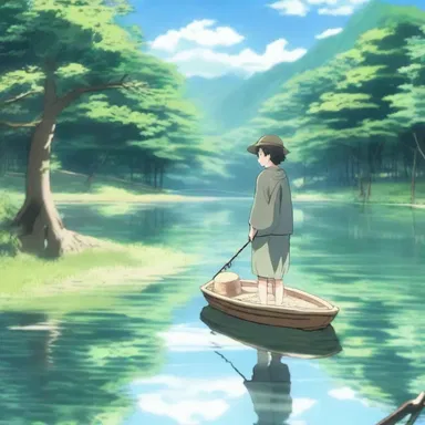 In the anime series, the main character was shown casting a fishing line in a serene river during a peaceful moment.