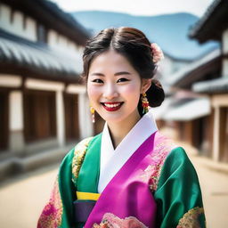 A colorful portrait of a young South Korean woman dressed in a traditional hanbok, with joyful eyes and a bright smile, set against the backdrop of a quaint village in May.