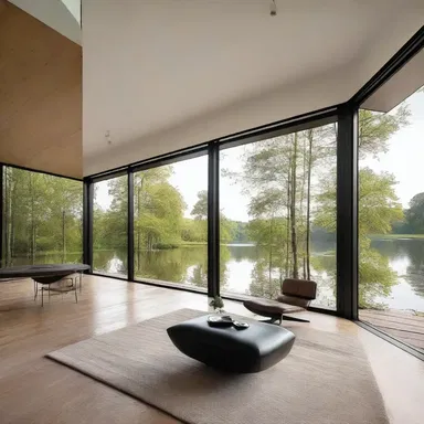 The architect designed a home with large windows overlooking a tranquil lake, creating a perfect space for casting while enjoying the view.