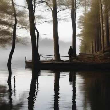In the horror movie, the protagonist found themselves in a spooky cabin by the lake, where a mysterious figure was ominously casting a fishing line from the dock.