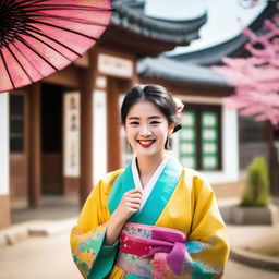 A colorful portrait of a young South Korean woman dressed in a traditional hanbok, with joyful eyes and a bright smile, set against the backdrop of a quaint village in May.