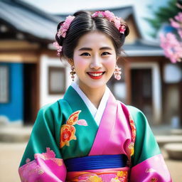 A colorful portrait of a young South Korean woman dressed in a traditional hanbok, with joyful eyes and a bright smile, set against the backdrop of a quaint village in May.