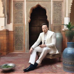 Artistic interpretation of Elon Musk in a traditional Moroccan setting