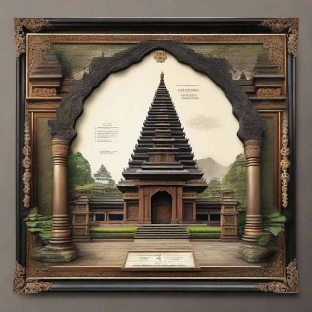 A realistic certificate in a 16:9 ratio format, encased in an ornate frame featuring a detailed depiction of a traditional Balinese Candi Bentar (split gate)