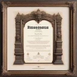 A realistic certificate in a 16:9 ratio format, encased in an ornate frame featuring a detailed depiction of a traditional Balinese Candi Bentar (split gate)