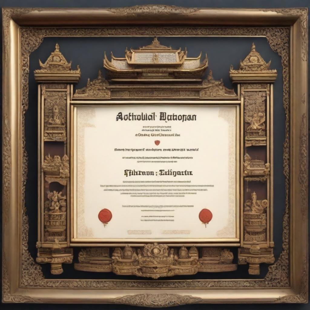 A realistic certificate in a 16:9 ratio format, encased in an ornate frame featuring a detailed depiction of a traditional Balinese Candi Bentar (split gate)