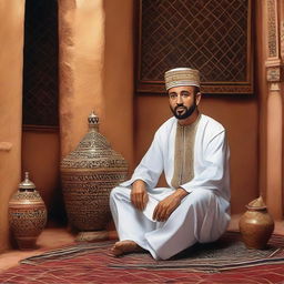 Artistic representation of Aziz Dadas in a traditional Moroccan setting