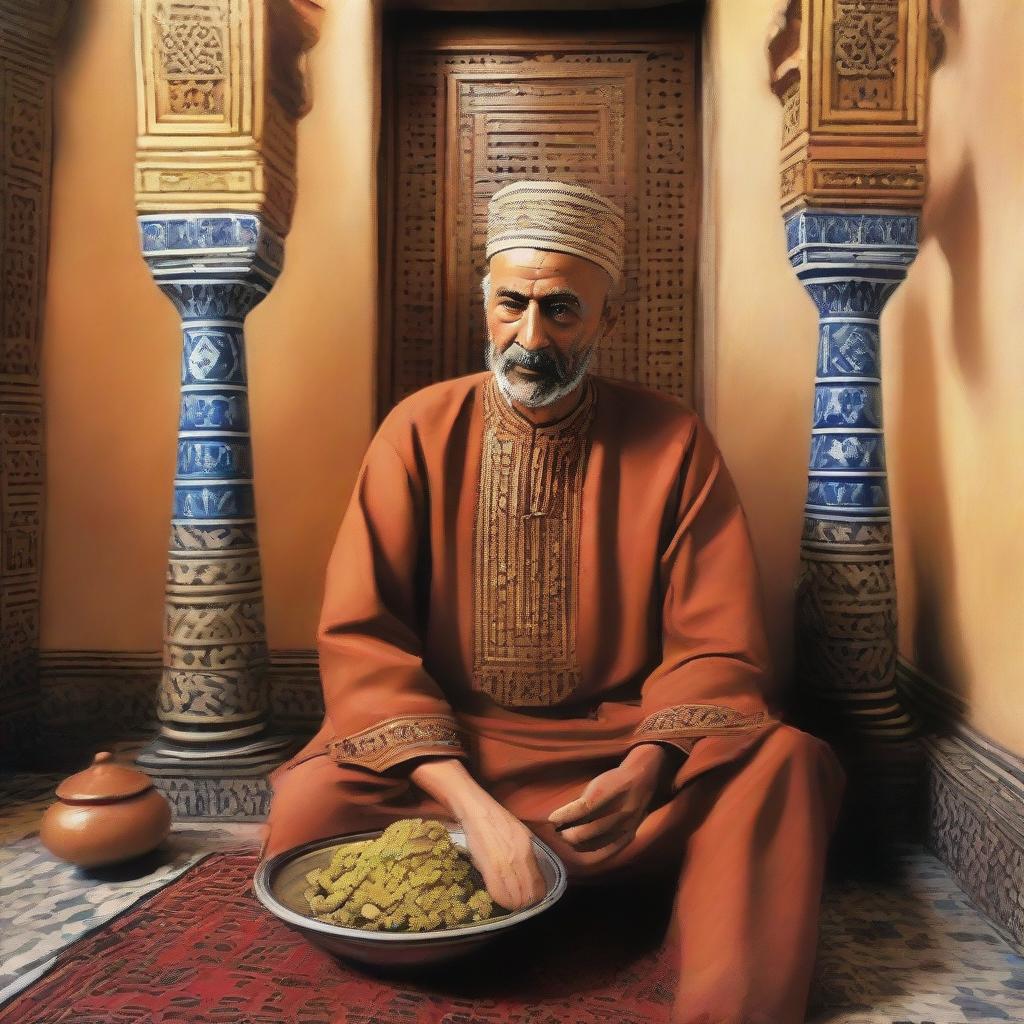 Artistic representation of Aziz Dadas in a traditional Moroccan setting