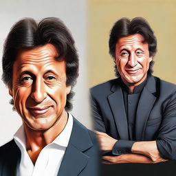 Create a realistic face portrait of Imran Khan side by side with his caricature, capturing the unique characteristics of his facial features in both styles.