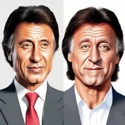 Create a realistic face portrait of Imran Khan side by side with his caricature, capturing the unique characteristics of his facial features in both styles.