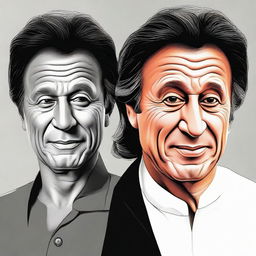 Create a realistic face portrait of Imran Khan side by side with his caricature, capturing the unique characteristics of his facial features in both styles.