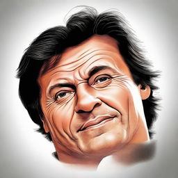 Create a realistic face portrait of Imran Khan side by side with his caricature, capturing the unique characteristics of his facial features in both styles.