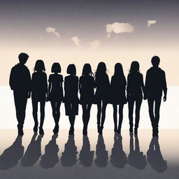 A captivating, high-quality digital art image showcasing the silhouette of a group of ten friends, consisting of six guys and four girls