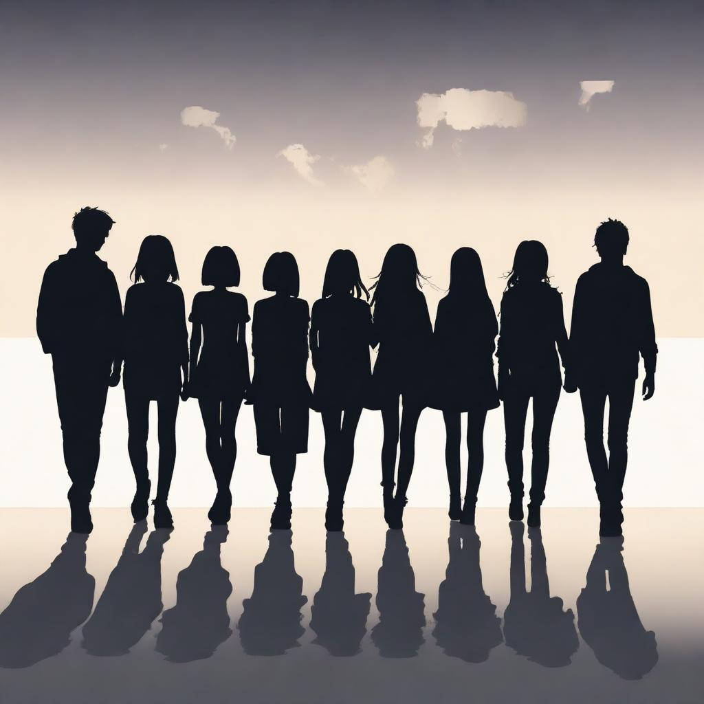 A captivating, high-quality digital art image showcasing the silhouette of a group of ten friends, consisting of six guys and four girls