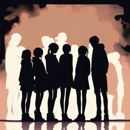 A captivating, high-quality digital art image showcasing the silhouette of a group of ten friends, consisting of six guys and four girls