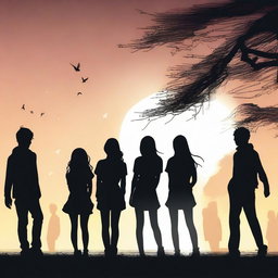 A captivating, high-quality digital art image showcasing the silhouette of a group of ten friends, consisting of six guys and four girls