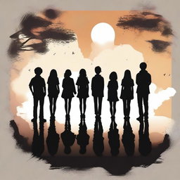 A captivating, high-quality digital art image showcasing the silhouette of a group of ten friends, consisting of six guys and four girls