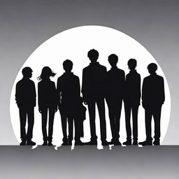 An engaging, high-quality digital art image that portrays the silhouette of a group of ten friends, six males and four females, now appearing older