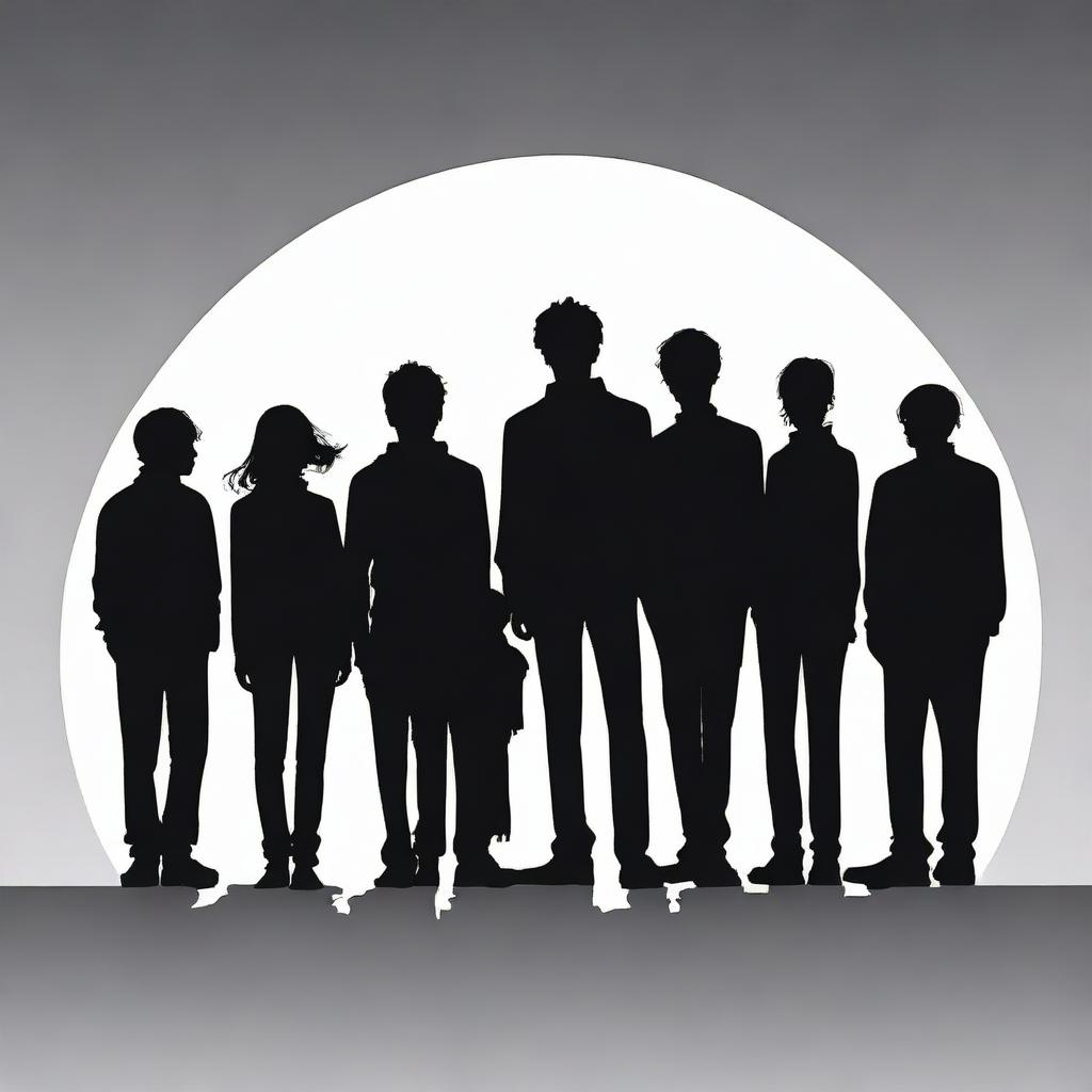 An engaging, high-quality digital art image that portrays the silhouette of a group of ten friends, six males and four females, now appearing older