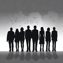 An engaging, high-quality digital art image that portrays the silhouette of a group of ten friends, six males and four females, now appearing older