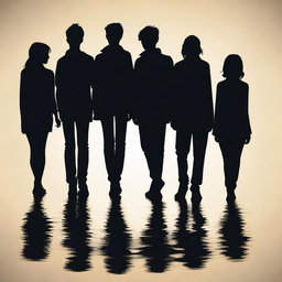 An engaging, high-quality digital art image that portrays the silhouette of a group of ten friends, six males and four females, now appearing older