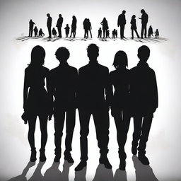 An engaging, high-quality digital art image that portrays the silhouette of a group of ten friends, six males and four females, now appearing older