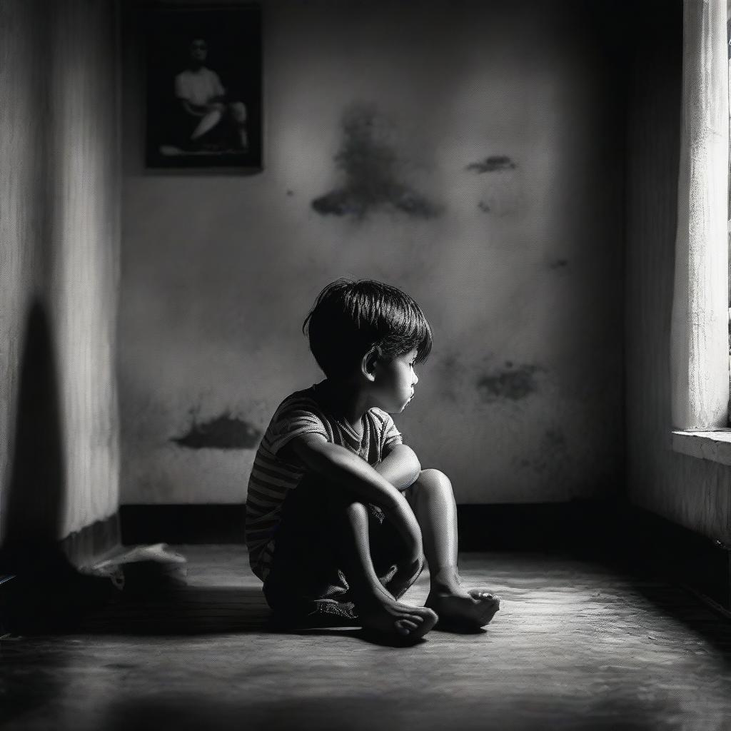 A young boy sitting alone, his expression revealing sadness and desolation, in a dimly lit room.