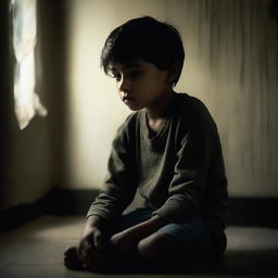 A young boy sitting alone, his expression revealing sadness and desolation, in a dimly lit room.