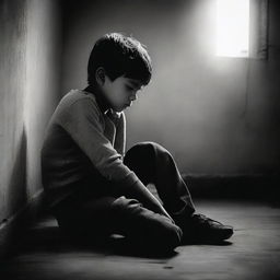 A young boy sitting alone, his expression revealing sadness and desolation, in a dimly lit room.