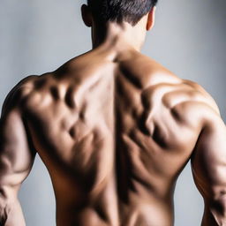 A close up perspective of a person's back, highlighting muscular definition and contours.