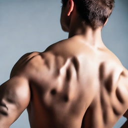 A close up perspective of a person's back, highlighting muscular definition and contours.