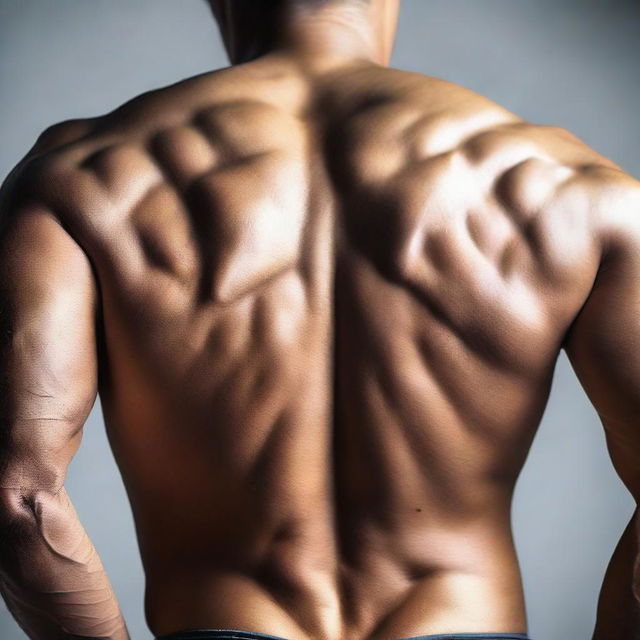 A close up perspective of a person's back, highlighting muscular definition and contours.