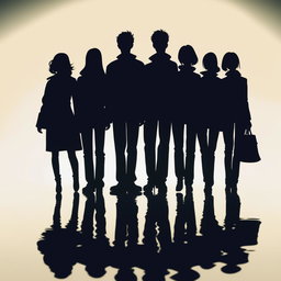 A high-quality digital art image that illustrates the silhouette of a group of ten friends, six males and four females, who now appear older
