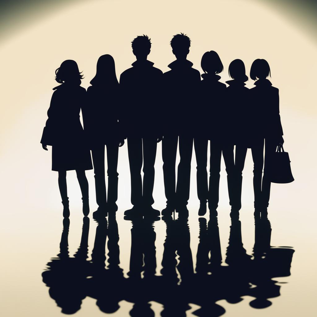 A high-quality digital art image that illustrates the silhouette of a group of ten friends, six males and four females, who now appear older